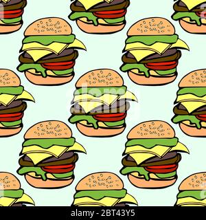 Nahtlose Muster Illustration ein Hamburger im Cartoon-Stil auf hellgrünem Hintergrund Stock Vektor