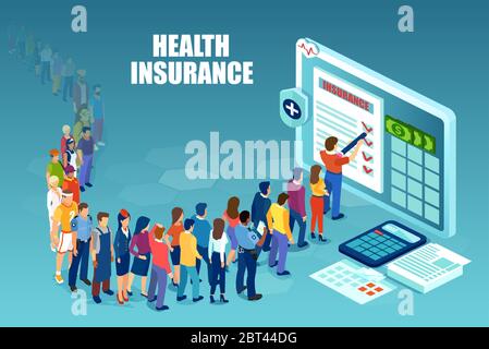 Vektor von verschiedenen Menschen warten in der Schlange, um online Krankenversicherung Vertragsformular auszufüllen Stock Vektor