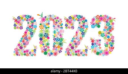 Frohes neues Jahr 2023 Bunte Floral Design isoliert auf weißem Hintergrund Vektor Illustration. Stock Vektor