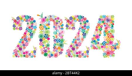Frohes neues Jahr 2024 Bunte Floral Design isoliert auf weißem Hintergrund Vektor Illustration. Stock Vektor