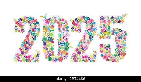 Frohes neues Jahr 2025 Bunte Floral Design isoliert auf weißem Hintergrund Vektor Illustration. Stock Vektor