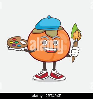 Eine Illustration von Persimmon Obst Cartoon Maskottchen Charakter Maler Stil mit Kunst Pinsel Stock Vektor