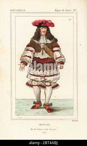 König Ludwig XIV., ROI de France et de Navarre, 1670. Handkolorierte Lithographie von Breton nach einem Porträt in Roger de Gaignieres' Galeriemappe X 50 aus Le bibliophile Jacob aka Paul Lacroix's Costumes Historiques de la France (Historische Kostüme Frankreichs), Administration de Librairie, Paris, 1852. Stockfoto