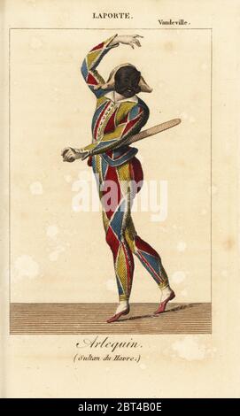 Der französische Schauspieler Jacques Francois Laporte (17751841) als Arlequin im Einaktstück "Folie-vaudeville" Le Sultan du Havre von Armand d'Artois und Henry Dupin im Theater Vaudeville, 1810. Handkolorierter Kupferstich aus Charles Malos Almanach des Spectacles par K. Y. Z, Chez Louis Janet, Paris, 1820. Stockfoto