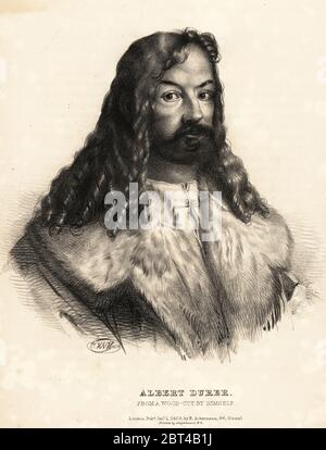 Albrecht Dürer, deutscher Maler der Renaissance, 1471-1528. Von einem Selbstporträt Holzschnitt. Lithographie nach einer Zeichnung von HVH - von Porträts der berühmtesten Maler aller Schulen, Ackermann, London, 1828. Stockfoto