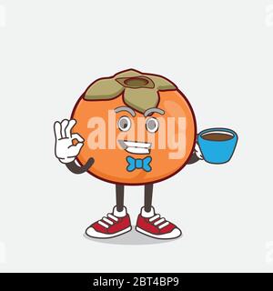 Eine Illustration von Persimmon Obst Cartoon Maskottchen Charakter mit einer Tasse Kaffee Stock Vektor