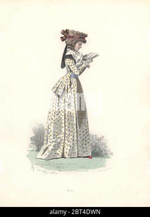 Modische Frau in Pouf Frisur mit Band, trägt ein Fichu und Blumendruck Kleid, ein Buch zu lesen. Ära von Marie Antoinette. Handkolorierter Stich von E. Bracquet nach einer Illustration von Francois-Claudius Compte-Calix aus Costume de lEpoque de Louis XVI. Paris, 1869. Stockfoto