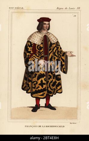 Francois de La Rochefoucauld, chamberlain zu Karl VIII., Ludwig XII., d. 1517. Papierkörbe Lithographie nach einer Miniatur der Hof von König Ludwig XII. in Roger de Gaignieres' portfolio VII 141 von Le Bibliophile Jakob aka Paul Lacroix's Kostüme Historiques de la France (Historische Kostüme von Frankreich), Verwaltung de Librairie, Paris, 1852. Stockfoto