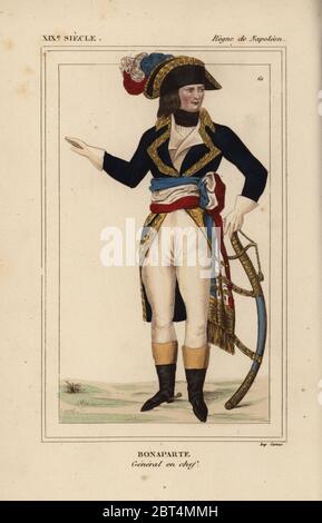 Napoleon Bonaparte, General en Chef, in der Uniform der Allgemeinen der Italienischen Armee, die Napoleonischen Kriege. Papierkörbe Lithographie von Le Bibliophile Jakob aka Paul Lacroix's Kostüme Historiques de la France (Historische Kostüme von Frankreich), Verwaltung de Librairie, Paris, 1852. Stockfoto