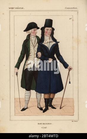 Bürgerliche Männer, 1794, Französisch National Convention Ära. Alter Mann im alten Stil, und der junge Mann in der revolutionären Stil mit weißen Weste a la Robespierre. Papierkörbe Lithographie von Le Bibliophile Jakob aka Paul Lacroix's Kostüme Historiques de la France (Historische Kostüme von Frankreich), Verwaltung de Librairie, Paris, 1852. Stockfoto