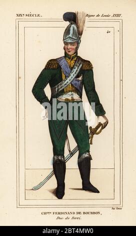 Charles Ferdinand de Bourbon, Herzog von Berry, 1778-1820. In der Uniform der Gardes du Corps de Monsieur. Papierkörbe Lithographie von Le Bibliophile Jakob aka Paul Lacroix's Kostüme Historiques de la France (Historische Kostüme von Frankreich), Verwaltung de Librairie, Paris, 1852. Stockfoto