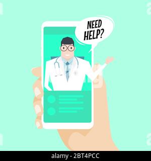 Hand-Telefon mit Arzt, Patientenberatung über Smartphone, medizinische Unterstützung Anwendung. Stock Vektor