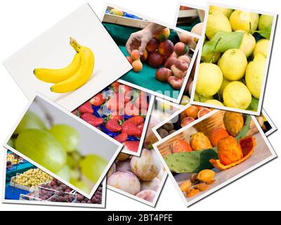 Lebensmittel, Nahrungsmittel, handgefertigtem, Früchte, Obst, Collage, Bananen, bunte, Zitrusfrüchte, Stockfoto