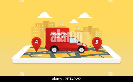 Express-Lieferservice mit LKW. App für den Zustelldienst auf dem Mobiltelefon wird überprüft. Stock Vektor