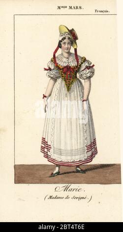 Schauspielerin Mademoiselle Mars, Anne Françoise Hyppolyte Boutet Salvetat, 1779-1847, als Marie in Madame De Sevigne am Theater Francais, Paris. Papierkörbe Kupferstich von Karls Malo Almanach des Brille par K. et Z, Chez Janet, Paris, 1818. Stockfoto