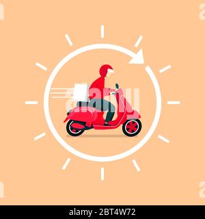 Lieferung Mann Fahrt Roller Motorrad. Lieferung 24 Stunden Konzept. Stock Vektor