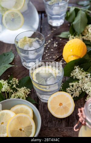 Hausgemachte Limonade mit holunderblüten Sirup und Zitronenscheiben Stockfoto