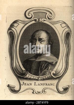 Porträt von Giovanni Lanfranco, italienischer Barockmaler 1582-1647. Jean Lanfranc. Kupferstich nach einem Selbstporträt von Giovanni Lanfranco aus Antoine-Joseph Dezallier dArgenvilles Abrege de la vie des plus fameux peintres, lebt von den berühmtesten Künstlern, de Bure Laine, Paris, 1762. Stockfoto