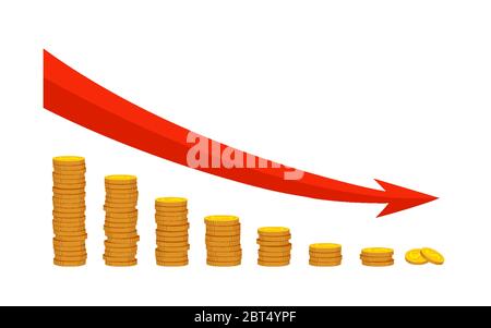 Hohe Stapel von Gold Münze flach Cartoon-Set. Thema der Bankanlage. Konzept des finanziellen Wachstums mit goldenen Münzen. Einkommensdiagramm nach oben oder unten mit rotem Pfeil. Isolierte Vektordarstellung Stock Vektor
