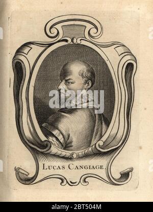 Porträt von Luca Cambiasi, italienischer Maler und Zeichner 1527-1585. Lucas Cangiage. Kupferstich nach einem Selbstporträt von Cambiasi von Antoine-Joseph Dezallier dArgenvilles Abrege de la vie des plus fameux peintres, lebt von den berühmtesten Künstlern, de Bure Laine, Paris, 1762. Stockfoto