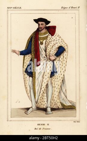 König Heinrich II. von Frankreich in das Kostüm des Ordens von St. Michel. Henri II, Roi de France. Abbildung gezeichnet und Lithographiert von Leopold Massard aus einer Miniatur in Roger de Gaignieres' Gallery portfolio VIII 92. Von Le Bibliophile Jakob aka Paul Lacroix's Kostüme Historiques de la France (Historische Kostüme von Frankreich), Verwaltung de Librairie, Paris, 1852. Stockfoto