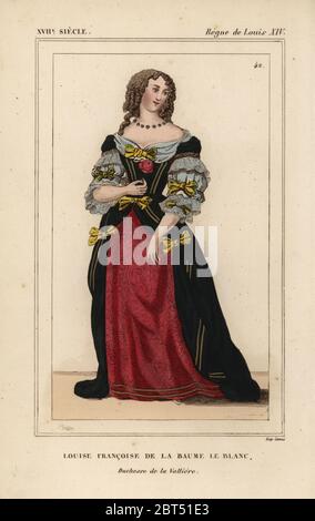 Louise Francoise de la Baume le Blanc, Duchesse de la Valliere, Herrin von König Ludwig XIV. Handkolorierte Lithographie von Breton nach einem Porträt von Mignard in Roger de Gaignieres' Galeriebüchten aus Le bibliophile Jacob aka Paul Lacroix's Costumes Historiques de la France (Historische Kostüme Frankreichs), Administration de Librairie, Paris, 1852. Stockfoto