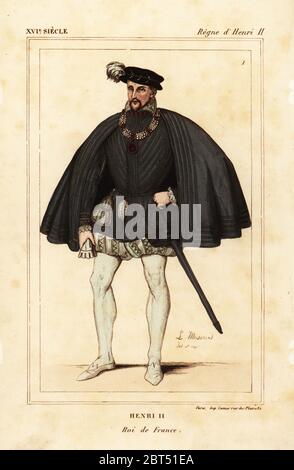 König Heinrich II. von Frankreich. Abbildung gezeichnet und Lithographiert von Leopold massard von einem Porträt in Roger de Gaignieres' Gallery (Portfolio VIII 91). Papierkörbe Lithographie von Le Bibliophile Jakob aka Paul Lacroix's Kostüme Historiques de la France (Historische Kostüme von Frankreich), Verwaltung de Librairie, Paris, 1852. Stockfoto