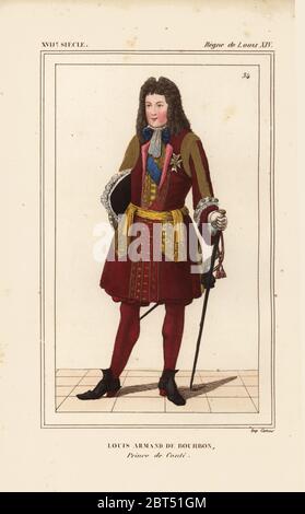 Louis Armand de Bourbon, Prince de Conti 1661-1685. Handkolorierte Lithographie nach einem Porträt in Roger de Gaignieres' Galeriemappe X 65 aus Le bibliophile Jacob aka Paul Lacroix's Costumes Historiques de la France (Historische Kostüme Frankreichs), Administration de Librairie, Paris, 1852. Stockfoto