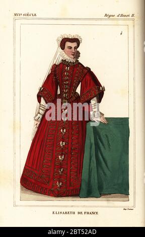 Elisabeth de France (1545-1568), Tochter von König Heinrich II. Papierkörbe Lithographie von Leopold Massard nach einem Portrait in Roger de Gaignieres' Gallery (Portfolio) VIII) von Le Bibliophile Jakob aka Paul Lacroix's Kostüme Historiques de la France (Historische Kostüme von Frankreich), Verwaltung de Librairie, Paris, 1852. Stockfoto