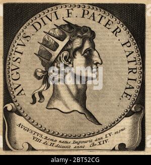 Römischer Kaiser Augustus, Imperator Caesar Divi filius Augustus, 63BC bis AD14. Römischer Staatsmann und Militärführer. Kupferstich von Abraham Bogaerts De Roomsche Monarchie, die römische Monarchie, Francois Salma, Utrecht, 1697. Stockfoto