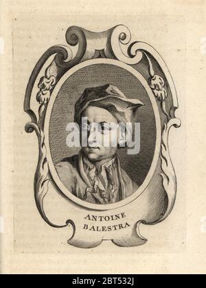 Porträt von Antonio Balestra, italienischer Rokoko-Maler 1666-1740. Antoine Balestra. Kupferstich von Antoine-Joseph Dezallier dArgenvilles Abrege de la vie des plus fameux peintres, lebt von den berühmtesten Künstlern, de Bure Laine, Paris, 1762. Stockfoto