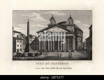 Blick auf das Pantheon mit Brunnen, die Fontana del Pantheon und Macuteo Obelisk auf der Piazza della Rotonda, Rom. Kupferstich von Pietro Datri's Neue Sammlung der wichtigsten Aussicht auf Rom Antike und Moderne mit den Ruinen des Krieges, Rom, 1849. Stockfoto