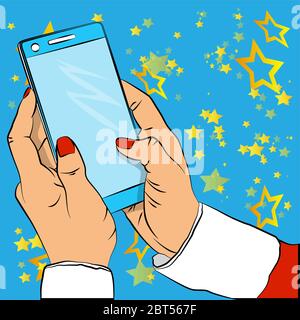 Nahaufnahme einer Geschäftsfrau, die ihr Smartphone hält. Hand halten Smart-Gerät - Comic-Stil, Cartoon Vektor-Illustration. Stock Vektor