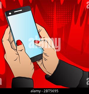 Nahaufnahme einer Geschäftsfrau, die ihr Smartphone hält. Hand halten Smart-Gerät - Comic-Stil, Cartoon Vektor-Illustration. Stock Vektor