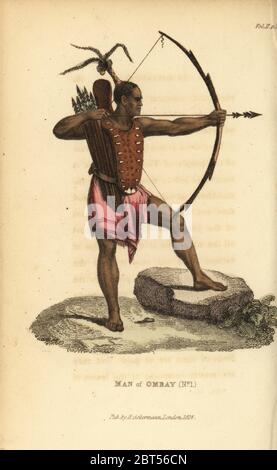 Krieger von Ombai mit Schild, Bogen, Pfeile und Köcher. Er trägt sein Haar in eine rauchwolke gebunden. Mann der Insel (Ombay Ombai), Indonesien. Papierkörbe Kupferstich nach einer Illustration von Jacques Arago von Frederic Shoberl der Welt in Miniatur: Der asiatische Inseln und New Holland, R. Ackermann, London, 1824. Stockfoto