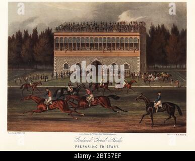 Pferde und Jockeys wärmen sich auf der Goodwood Racecourse vor modischen Menschenmassen auf der Grand Stand auf. Vorbereitung auf ein Vollblut-Rennen auf der Goodwood-Strecke, Sussex, 1836. Farbdruck nach einem Stich von R.G. Reeve aus einem Gemälde von James Pollard in Ralph Nevills Old Sporting Prints, The Connoisseur Magazine, London, 1908. Stockfoto