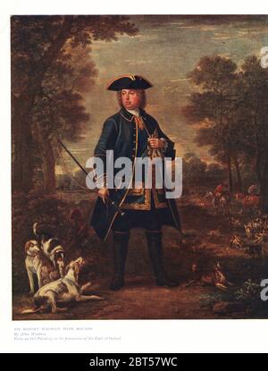 Sir Robert Walpole mit Hunden, eine Fuchsjagd im Hintergrund. Farbdruck aus einer Illustration von John Wootton in Ralph Nevills Old Sporting Prints, The Connoisseur Magazine, London, 1908. Stockfoto