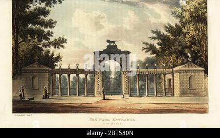 Parkeingang zum Sion House oder Syon House, Isleworth, Sitz des Duke of Northumberland, mit Gärten, die von Capability Brown entworfen wurden. Handkolorierter Kupferstich nach einer Illustration von John Gendall aus Rudolph Ackermanns Repository of Arts, London, 1823. Stockfoto