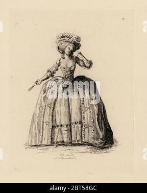 Frau im Englischen Stil hooped Kleid mit Ventilator, Motorhaube, Korkenzieherlocken, Zeitalter der Marie Antoinette. Kupferstich Radierung von Auguste Etienne Guillaumot von Kostüme et coiffures du XVIIIe siecle, Kostüme und Frisuren des 18. Jahrhunderts, Cagnon, Paris, 1875. Ursprüngliche Abbildung von Pierre Thomas Le Clerc aus der Gallerie des Modi et Kostüme Francais, 1778-1787. Stockfoto