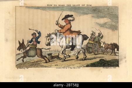 Regency Mann reitet ein Pferd mit einer Peitsche, während ein Mann peitscht einen galoppierenden Esel und ein Paar in einer Kutsche schlagen ein Pferd. Wie man das geringste aus ihm macht. Handkolorierter Kupferstich von Thomas Rowlandson nach einer Illustration von Henry Bunbury aus Geoffrey Gambados an Academy for Grown Horsemen and Annals of Horsemanship, London, 1809. Stockfoto