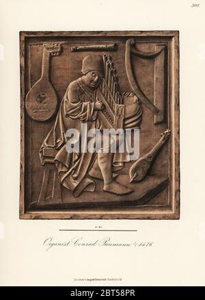 Conrad Paumann, blinden Renaissance deutscher Organist, Lautenist und Komponist, starb 1476. Er ist dargestellt spielen eine Schoossorgel oder portativ Orgel, mit Laute, Harfe und Recorder an der Wand. Von einem Flachrelief in rotem Marmor in der Frauenkirche, München. Von Hefner-Alteneck Chromolithograph's Kostüme, Kunstwerke und Geräte vom Mittelalter bis in das 17. Jahrhundert, Frankfurt, 1889. Illustration von Dr. Jakob Heinrich von Hefner-Alteneck, Lithographiert von C.R. Dr. Hefner-Alteneck (1811 - 1903) war eine Deutsche, die die Kuratorin des Museums, Archäologe, Kunsthistoriker, Zeichner und Kupferstecher. Stockfoto