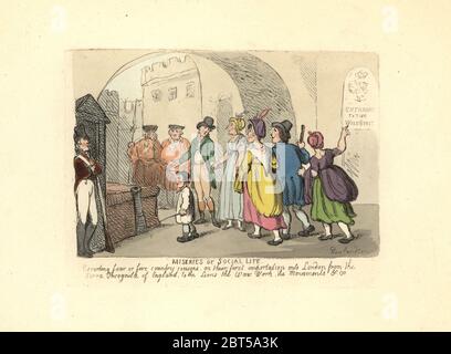 Gentleman begleitet Cousins des Landes auf ihrer ersten Reise nach London. Elend des sozialen Lebens. Handkolorierter Kupferstich entworfen und geätzt von Thomas Rowlandson, um Reverend James Beresfords Miseries of Human Life, Ackermann, 1808 zu begleiten. Stockfoto