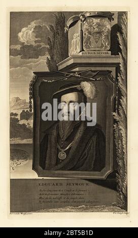 Porträt von Edward Seymour, 1. Herzog von Somerset, Lord Protector of England. In Mütze mit Feder, Pelzbesatz, Medaillon mit Ritter in Rüstung auf Band, Wappen. Kupferstich von Pieter Stevens van Gunst nach Adriaen van der Werff aus Isaac de Larreys Histoire dAngleterre, dEcosse et dIrlande, Reinier Leers, Rotterdam, 1713. Stockfoto