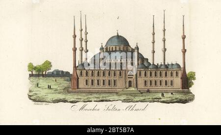 Blick auf die Sultan Ahmed Moschee oder die Blaue Moschee, Istanbul. Erbaut im 17. Jahrhundert mit fünf Kuppeln, sechs Minaretten und acht sekundären Kuppeln. Moschea Sultan-Ahmed. Handkolorierter Kupferstich von Giarre nach Giulio Ferrario in seinen Kostümen Ancient and Modern der Völker der Welt, Il Costume Antico e Modern o Story, Florenz, 1842. Kopiert aus Ignace Mouradgea dOhssons Tableau General de lEmpire Othoman, Paris, 1790. Stockfoto