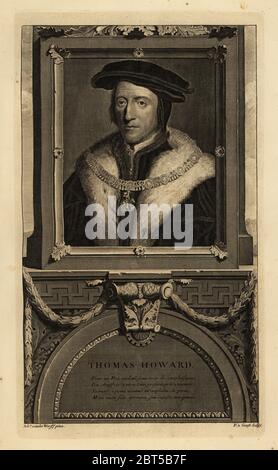 Porträt von Thomas Howard, 3. Herzog von Norfolk, Tudor-Politiker. In Mütze, ernine Robe und Ordnung des Strumpfes. Kupferstich von Pieter Stevens van Gunstafter Adriaen van der Werff nach einem Gemälde von Hans Holbein aus Isaac de Larreys Histoire dAngleterre, dEcosse et dIrlande, Reinier leer, Rotterdam, 1713. Stockfoto