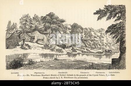 Benjamin Waterhouse Hawkins Modelle ausgestorbener Tiere auf dem Gelände des Crystal Palace, Sydenham. Iguanodon bernissartensis, Megalosaurus bucklandii, Pterodactylus antiquus, Teleosaurus cadomensis, Plesiosaurus dolichodeirus und Mastodonsaurus jaegeri (Labyrinthodon). Gravur nach einer Illustration von J.R. Hutchinson aus Henry Neville Hutchinson Kreaturen anderer Tage, Popular Studies in Paläontologie, Chapman and Hall, London, 1896. Stockfoto