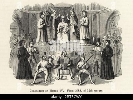 Die Krönung von König Heinrich IV. (13671413) von England, 1399. Der König wird in Westminster Abbey von Bischöfen gekrönt, während auf den Seiten sein Wappen, sein Helm und sein Schwert stehen. Holzschnitt nach einer illuminierten Handschrift aus Sir John Froissarts Chroniken von England, Frankreich, Spanien und den angrenzenden Ländern, von der zweiten Hälfte der Herrschaft Eduards II. Bis zur Krönung Heinrichs IV., George Routledge, London, 1868. Stockfoto