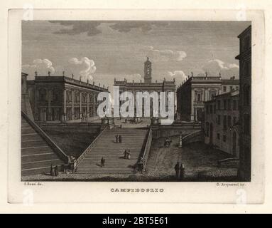 Blick auf das Kapitol, Campidoglio, Rom, mit dem Palazzo Senatorenpalast. Kupferstich von G. Acquaroni nach einer Illustration von sylvestro Bossi von Achille Parboni's Neue Sammlung der wichtigsten Views Antike und Moderne der Stadt Rom, 1830. Stockfoto