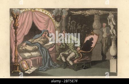 Englischer Herr, der einen Somniloquisten in seinen Kammern berät, 18. Jahrhundert. Der schlafende Wahrsager liegt in einem Bett in einem mit Krokodilleder, ägyptischen Figuren und Räuchergefäß geschmückten Zimmer. Den Propheten zu konsultieren. Handkolorierter Kupferstich nach einer Illustration von Thomas Rowlandson aus dem Journal of sentimental Travels in the Southern Provinces of France, übersetzt und gekürzt von Moritz August von Thummels Reise in die mittleren Provinzen van Frankreich im Jahre 17851786, Rudolph Ackermann, London, 1821. Stockfoto