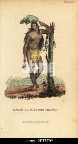 Frau der Karolinen Inseln. Königin der Karolinen Inseln ein Blatt Sonnenschirm Holding, ihre Glieder tätowiert. Papierkörbe Walze Gravur von Frederic Shoberl der Welt in Miniatur, der South Sea Islands, Ackermann, 1824. Nach einer Illustration von Jacques Arago in Louis de Freycinet Reise der Uranie, 1820. Stockfoto